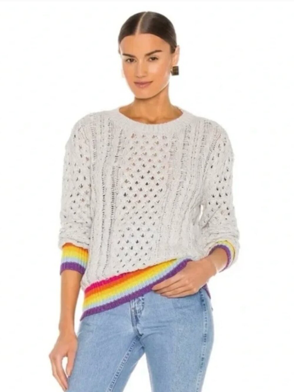 Le Superbe NWT XS Sweater Grey Rainbow Crew Cable Knit Cotton Cashmere MSRP $295